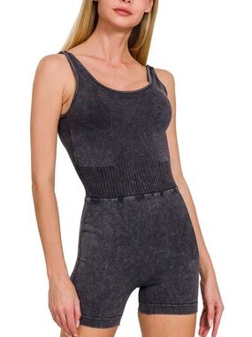 Zenana Outfitters Charcoal Seamless Ribbed Waist Tank Romper